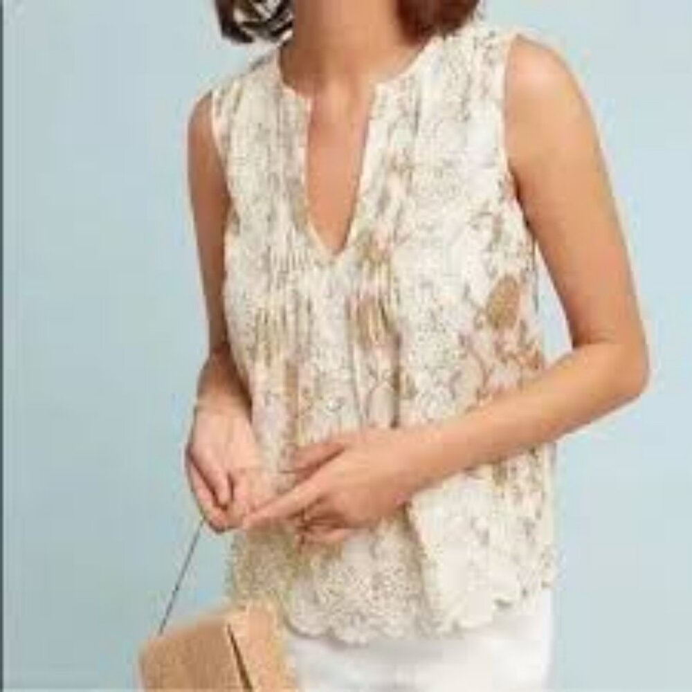 Anthropologie Gold Skylar Shine Sleeveless Pleated Blouse, size 4